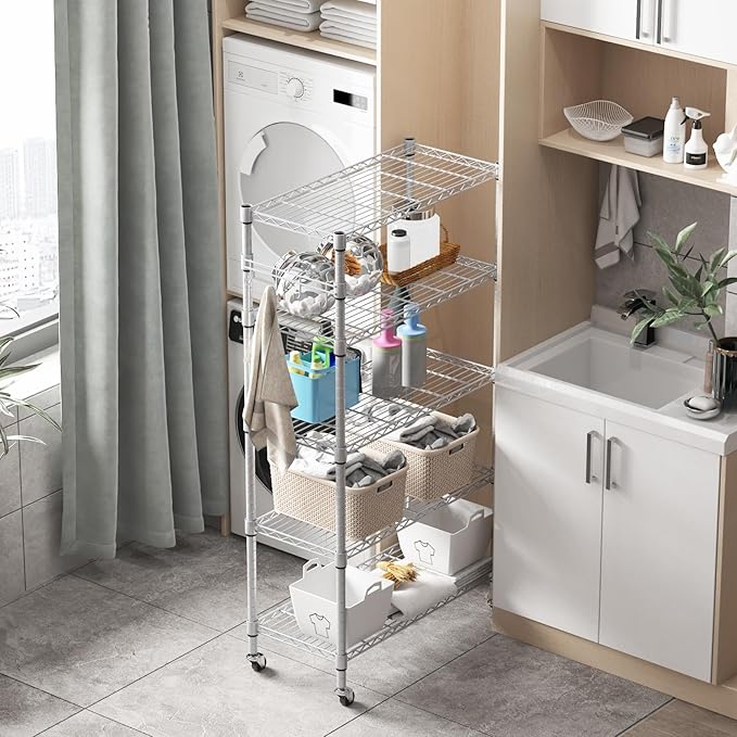 Homdox 5 Tier Adjustable Rolling Storage Shelves, Heavy Duty Wire Racks and Shelving, Metal Shelves for with Side Hooks Pantry Closet Kitchen Garage Organization, Silver Gray