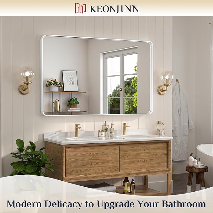 Keonjinn White Bathroom Vanity Mirror 48 x 30 Inch Large Rounded Corner Rectangular Wall Mirror, Farmhouse Mirror, Seamless Metal Frame, HD Tempered Glass Modern Decorative Mirror(Horizontal/Vertical)