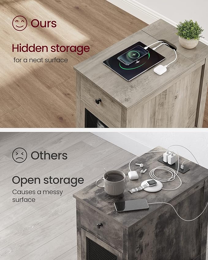 VASAGLE Side Table with Storage, End Table with USB Ports and Outlets, Nightstand with Charging Station, Drawer, Storage Cabinet, Magazine Rack, for Living Room, Bedroom, Greige ULET312T02