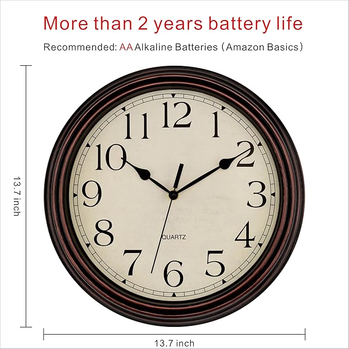 Foxtop 14 Inch Wall Clock Battery Operated Silent Non-Ticking Round Classic Vintage Retro Wall Clock Decorative for Living Room Kitchen Home Office (Bronze)