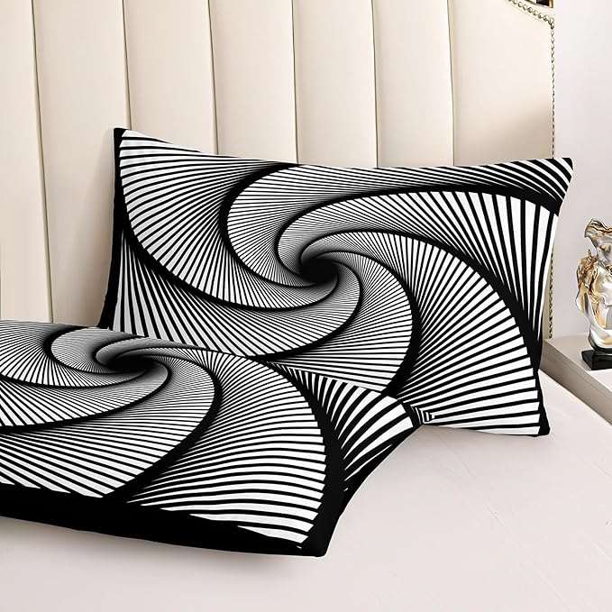 Bedorm Black White Comforter Set 3D Abstract Bedding Set Queen Vortex Stripe Geometric Comforter Trippy Psychedelic Bedding Comforter Black Bed in A Bag