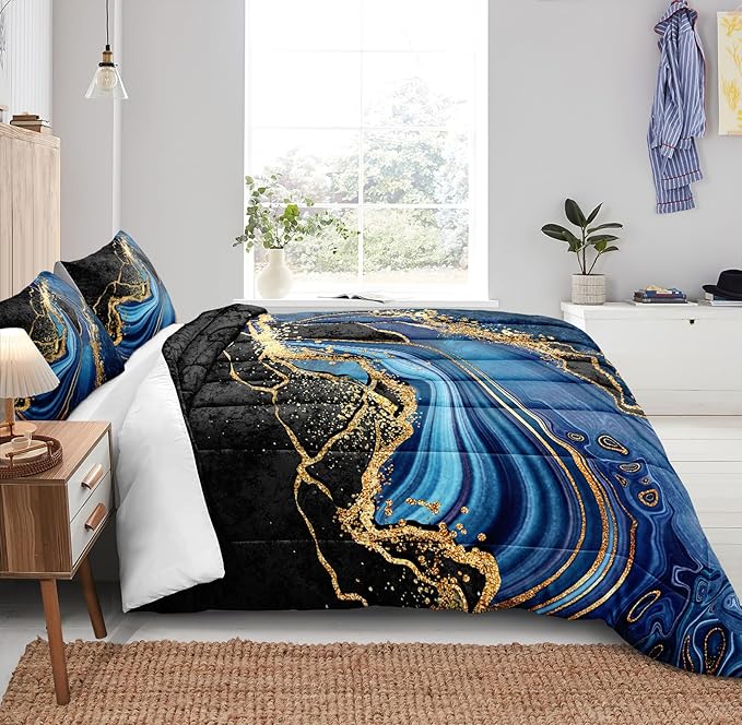 Black Gold Comforter Set King Size Blue Marble Bedding Comforter Ocean Blue River Mrable Abstract Bedding Watercolor Glitter Comforter Set with 2 Modern Pillowcases