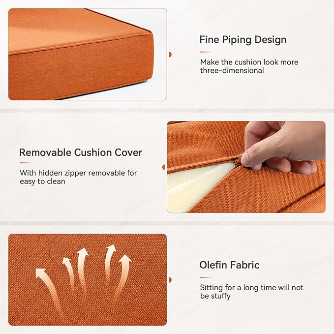 Luxury 6" Outdoor Cushions for Patio Furniture, 24x24x6 Thick Seat Cushion Set of 2, Fade Resistant Couch Chair Replacement Cushions High Density Deep Wicker Chair Cushion w/Removable Cover, Orange