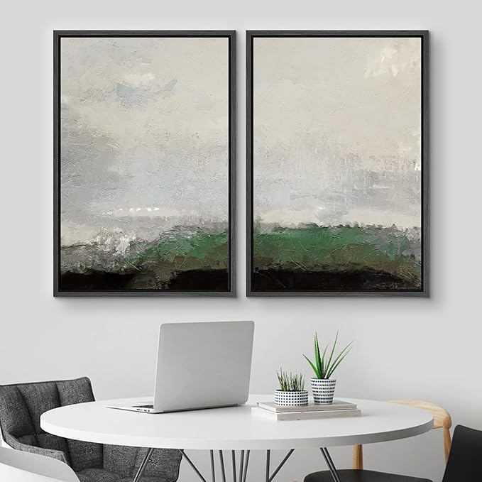 MUDECOR Framed Canvas Print Wall Art Set Watercolor Pastel Green Gray Landscape Abstract Shapes Illustrations Modern Art Decorative Contemporary for Living Room, Bedroom, Office - 16"x24"x2 Black