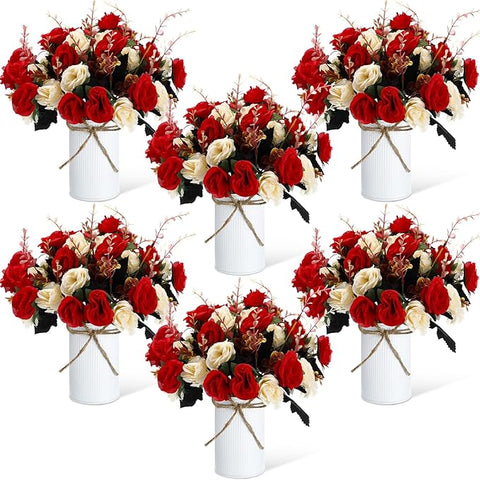 Domensi 6 Sets Wedding Centerpiece for Table Artificial Rose with Vase Fake Bouquets and Metal Pot Floral Arrangements for Holiday Party Event Table Decor (Red)