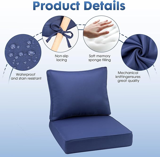Outdoor Deep Seating Cushion Set, 24" x 24", Waterproof & Fade Resistant Patio Furniture Cushions with Handle, Deep Seat and Back Cushion for Chair and Sofa (1, Blue)