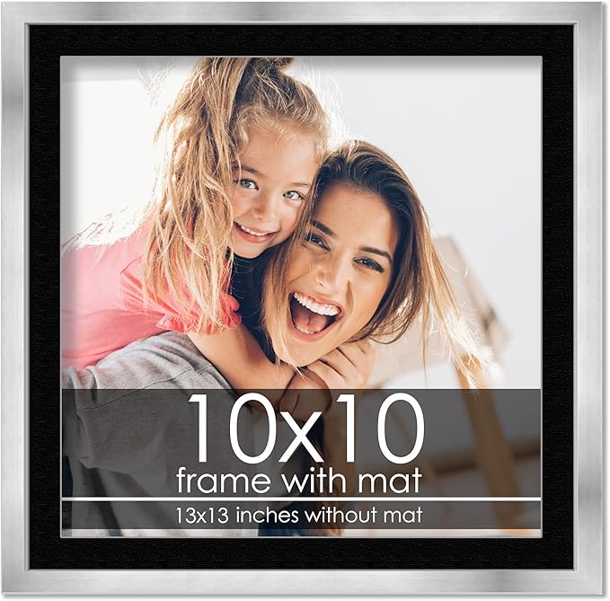 10x10 Frame with Mat - Silver 13x13 Frame Wood Made to Display Print or Poster Measuring 10 x 10 Inches with Black Photo Mat
