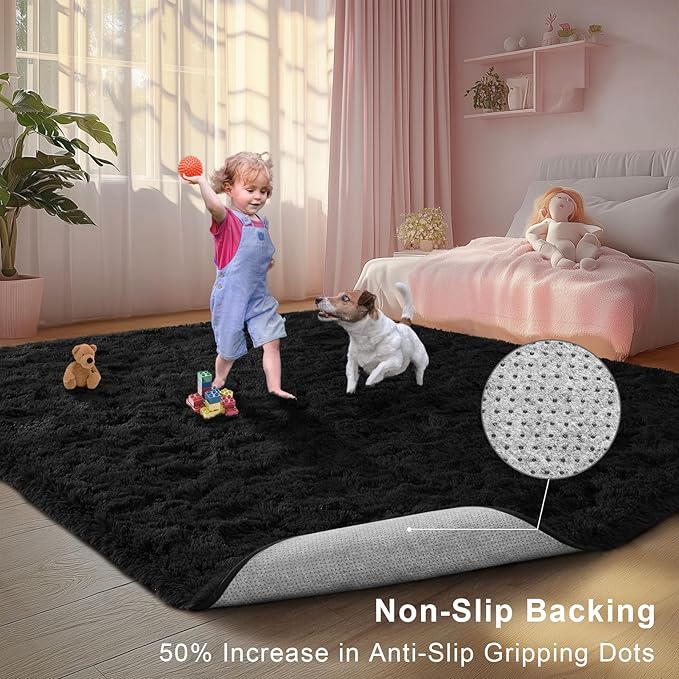 Area Rugs for Bedroom Living Room, 4x6 Soft Large Fluffy Fuzzy Shag Plush Furry Carpet, Soft Indoor Floor Mat for Kids Nursery Home Dorm Office Decor Aesthetic, Black
