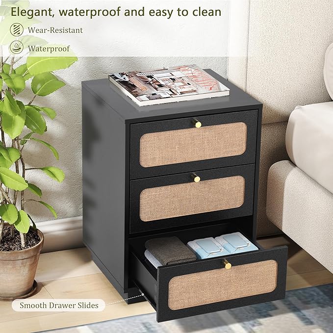 Nightstand with 3 Linen Drawers, Mid Century Modern Night Stand with Linen Drawers & Stable Legs, Wood Rustic Bedside Table End Table Side Table for Bedroom, Black
