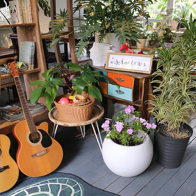 13.5 H x 17" Dia (12" Pot Opening) White Round Fiberstone Tall Planter with Drainage Hole, Indoor/Outdoor Large Plant