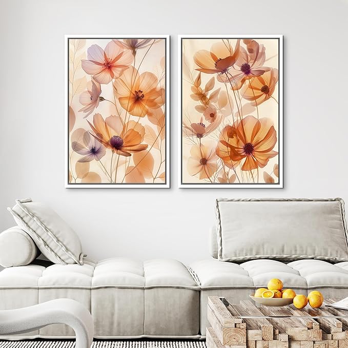 MUDECOR Framed Canvas Print Wall Art Orange Purple Wildflower Botanical Illustrations Modern Art Decorative Bohemian Colorful Chic for Living Room, Bedroom, Office - 16"x24"x2 WHITE