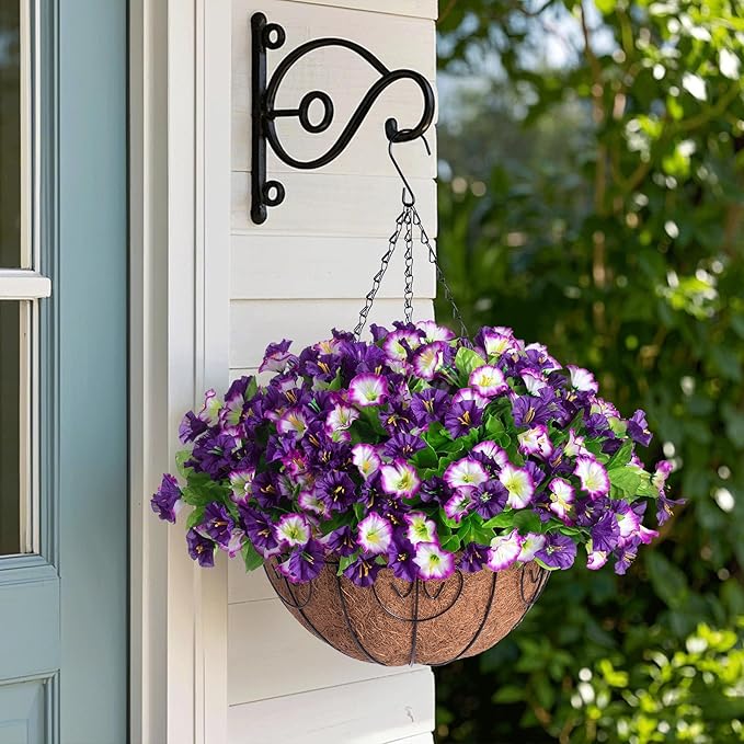 Artificial Hanging Flowers 12 inch Basket, Faux Silk Petunias Flower Arrangement,Coconut Lining Pot Planter with Morning Glories Patio Garden Porch Deck Spring Summer Decor(Purple Edge)