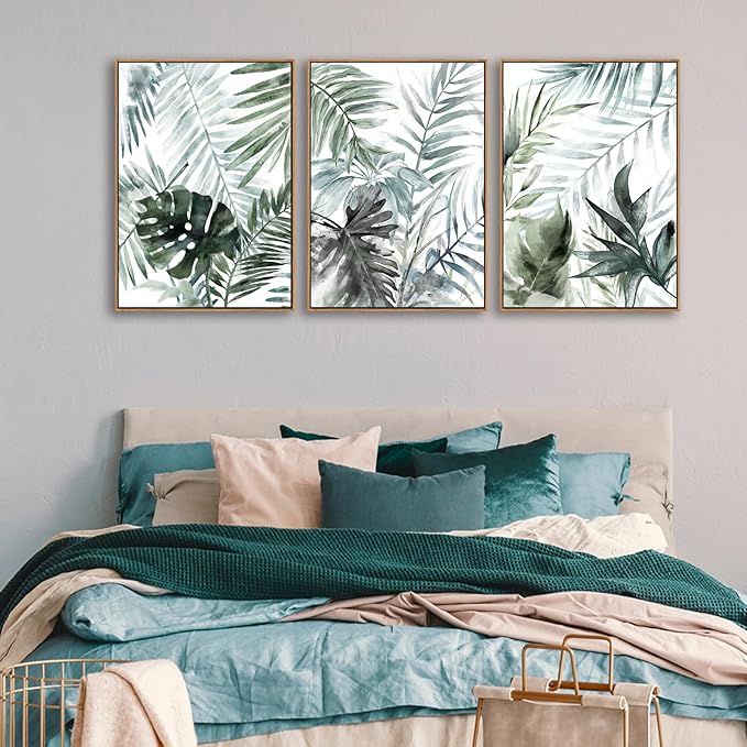 Large Framed Canvas Wall Art - Natural Float Framed Tropic Leaf Pictures Wall Art Prints for Living Room Decor Green Plants Artwork for Bedroom Kitchen Home Office Decoration 60" X 28" Set of 3