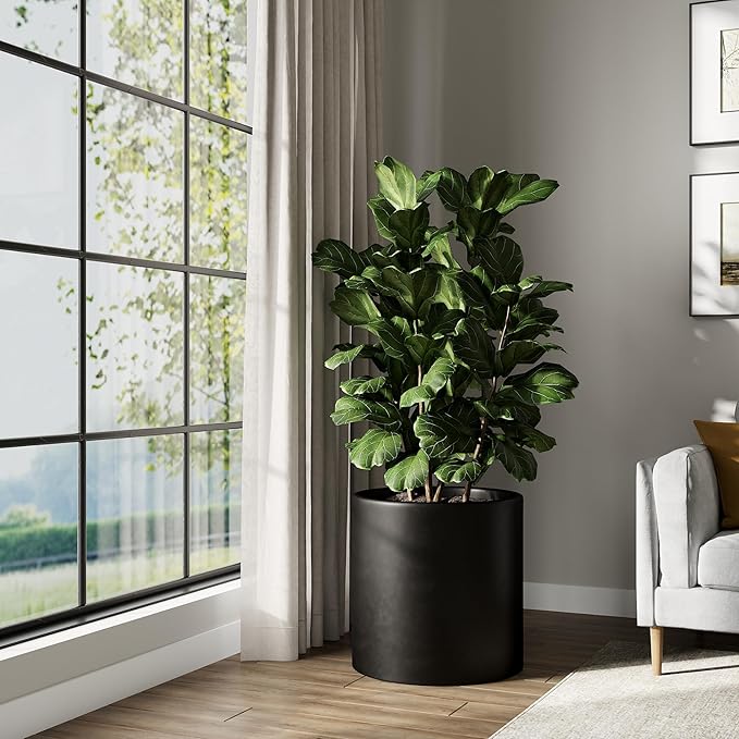 DTY Signature Mount Powell Fiberstone Planter - 20 Inch Jumbo Black Cylindrical Mid-Century Modern Home Decor Indoor & Outdoor Plant Pot - Durable Planters for Indoor Plants, Outdoor Spaces
