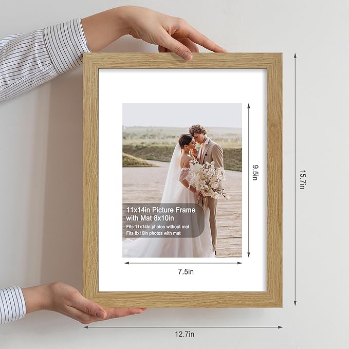 11x14 Picture Frame Set of 2, Made of Glass and Natural Oak Wooden Frame, Display 8x10 Pictures with Mat or 11 x 14 Posters without Mat for Wall Mounting, Gallery Photo Frames