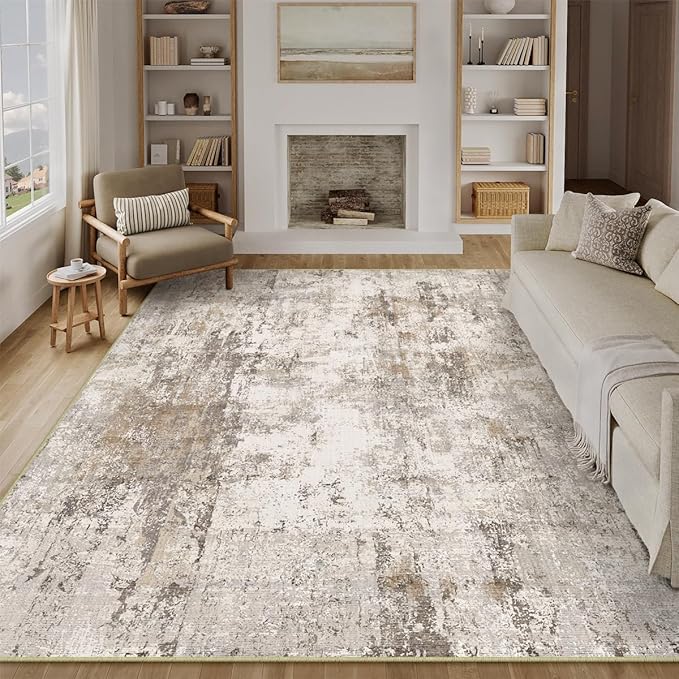 12x15 Washable Area Rug Brown Grey Abstract Neutral Living Room Bedroom Large Throw Rug Non Slip Soft Distressed Low Pile Indoor Floor Carpet for Kitchen Office Entryway
