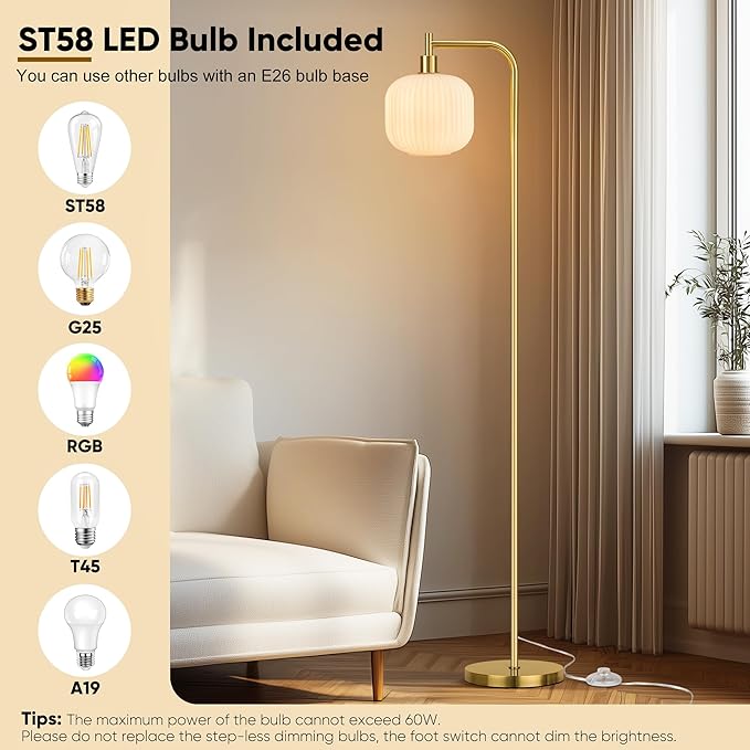 QiMH Glass Floor Lamp for Living Room, 67” Modern Standing Lamp with Cream Ribbed Glass Lampshade Pedal Switch Tall Lamp for Bedroom, Brushed Gold (2700K LED Bulb Included)