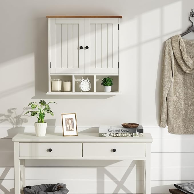 ChooChoo Bathroom Cabinet Wall Mounted 2-Door with 3 Open Shelves， Wooden Medicine Cabinets with Adjustable Shelf，Space Saver Storage Cabinets Over The Toilet for Bathroom&Living Room,White Brown