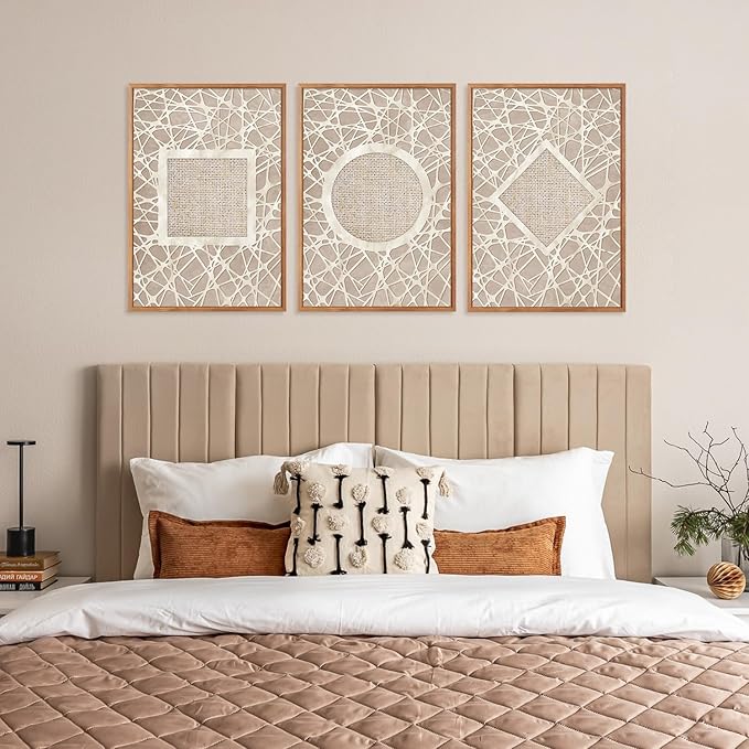 Large Boho Neutral Geometric Framed Canvas Wall Art,Modern Circle Square and Rhombus Wall Decor,Minimalist Shapes Artwork,Abstract Mid Century Art Print For Living Room,Bedroom,Office-24"x36"x3