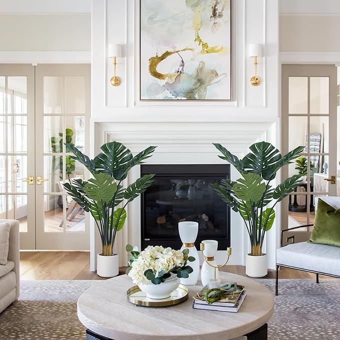 Artificial Monstera Deliciosa Plants, 4FT Faux Monstera Plant with White Planter, Swiss Cheese Plant with Green Leaves Stems, Fake Tropical Silk Tree for Indoor Office House Living Room Home Decor