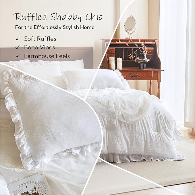 MR&HM White Ruffle Comforter Set, Twin Comforter Sets for College Dorm,Boho Bed in a Bag Set 5 Pieces with 1 Comforter,1 Flat Sheet, 1 Fitted Sheet,1 Pillowcases & 1 Pillow Shams for All Seasons