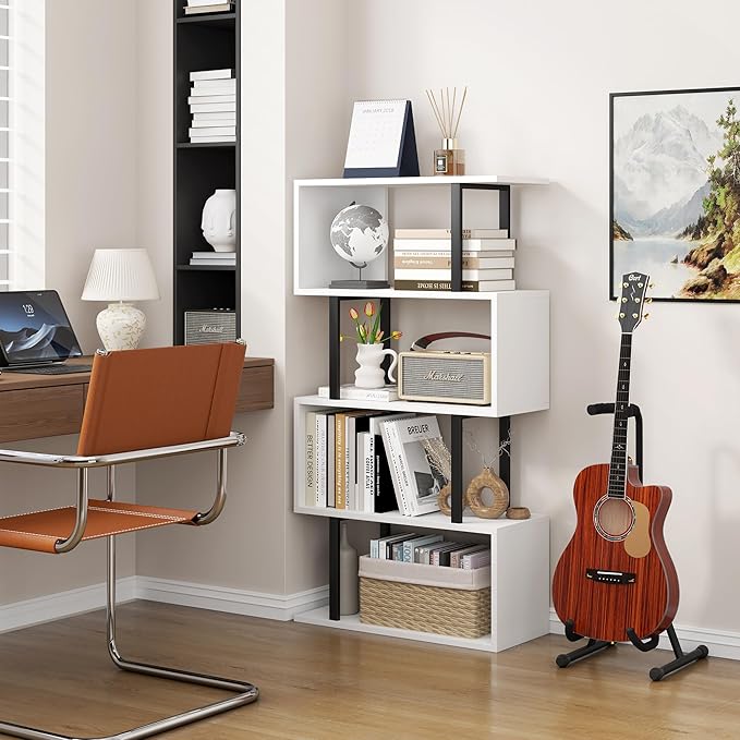 Yusong Geometric Bookcase, S Shaped Bookshelf 4-Tier Book Shelves for Bedroom, Modern Wood Decorative Display Shelf Tall Book Case for Home Office, Black and White