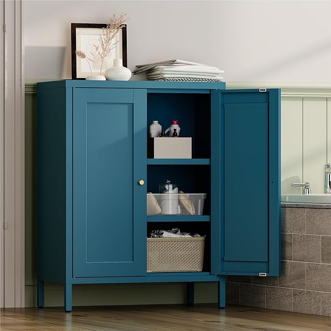 Metal Bathroom Storage Cabinet,Bathroom Floor Storage Cabinet with 2 Adjustable Shelves and 2 Doors,Freestanding Sideboard for Small Spaces, Living Room, Home Office, Dining Room