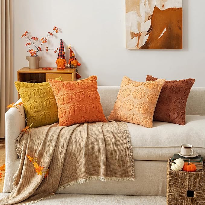 MIULEE Fall Pumpkin Pillow Covers 18x18 Inch Set of 4 - Soft Cozy Plush Decorative Pillows with Embroidered Pumpkin Pattern Autumn Halloween Holiday Decor for Sofa Couch Bed Living Room,Rust-Orange