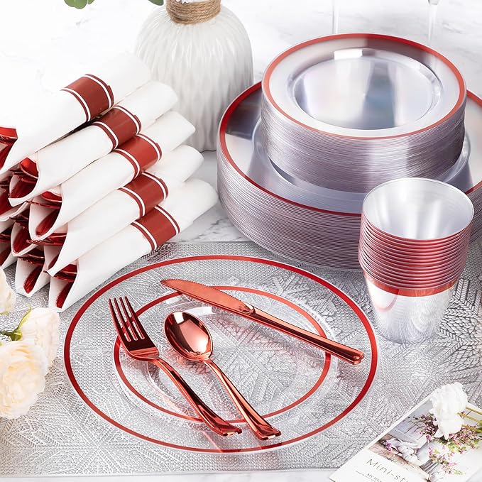 Goodluck 350 Piece Red Plastic Dinnerware Set for Party, Clear Disposable Plates for 50 Guests, Include: 50 Dinner Plastic Plates, 50 Dessert Plates, 50 Pre Rolled Napkins with Cutlery Set, 50 Cups