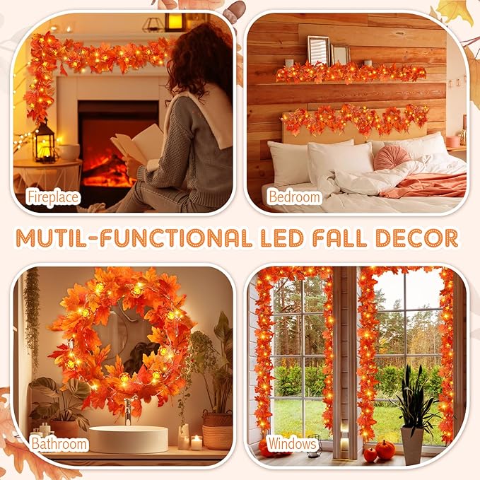 VIHOSE 2 Pack Thanksgiving Maple Leaves Garland Fall Decor 11.5 ft 40 LED with Pumpkin Lights Battery Operated and Timer Remote for Home Thanksgiving Halloween Decor(Orange)