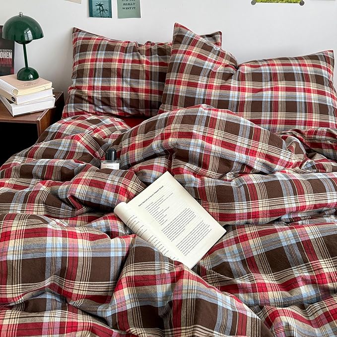 VM VOUGEMARKET Gingham Duvet Cover Set Twin XL,3 Pieces Washed Cotton Bedding Set for Teens,Breathable Luxury Buffalo Plaid Duvet Cover with Zipper Closure(Red&Brown)
