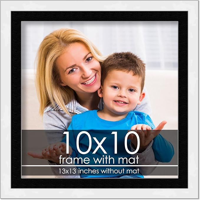 10x10 Frame with Mat - White 13x13 Frame Wood Made to Display Print or Poster Measuring 10 x 10 Inches with Black Photo Mat