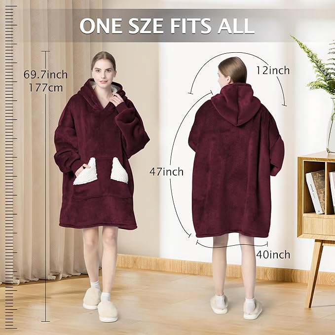 Touchat Wearable Blanket Hoodie, Oversized Sherpa Blanket Sweatshirt with Hood Pocket and Sleeves, Super Soft Warm Comfy Plush Hooded Blanket for Adult Women Men, One Size Fits All (Wine)