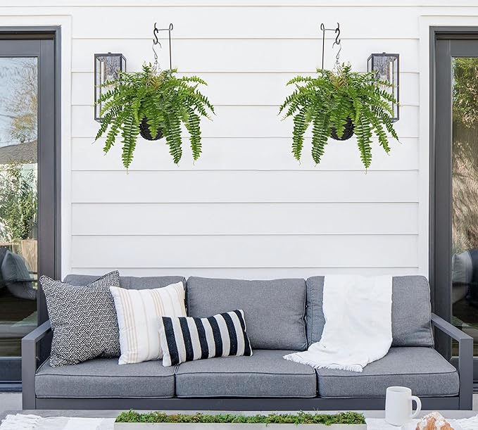 Hollyone Artificial Fern Hanging Basket Plant 25" Boston Ferns 31 Leaves Greenery Plants with Rattan Pot for Outdoors & Indoor Fake Fern Bush Plant in Pot for Patio Entrance Porch Garden Decor Green