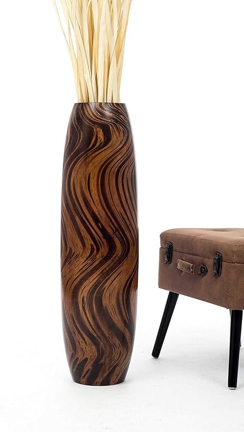 Leewadee Large Brown Light Brown Home Decor Floor Vase – Wooden 34 inches Tall Farmhouse Decor Flower Holder for Fake Plant and Pampas Grass