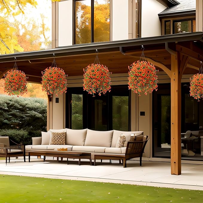 Artificial Fake Fall Hanging Flowers Plants with Basket for Outdoor Decor, Fake Mums Autumn Plants No Fade Plastic Faux Silk Daisy Flowers Fall Decoration for Farmhouse Home Garden Porch Patio(Orange)