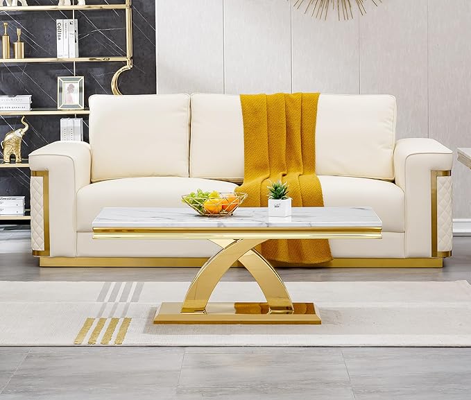 SSLine Rectangular Faux Marble Coffee Table for Living Room Modern Luxury White Marble Center Table with Gold Pedestal Base 46.8" Mid-Century Cocktail Table with Mirrored Stainless Steel Frame