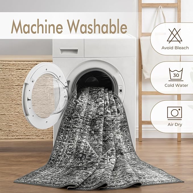 MIULEE 2x3 Washable Entry Rug Door Mat Indoor Entrance, Small Rug for Kitchen Bathroom Bedroom, Non-Slip Stain Resistant Throw Carpet Boho Entryway Decor, Black