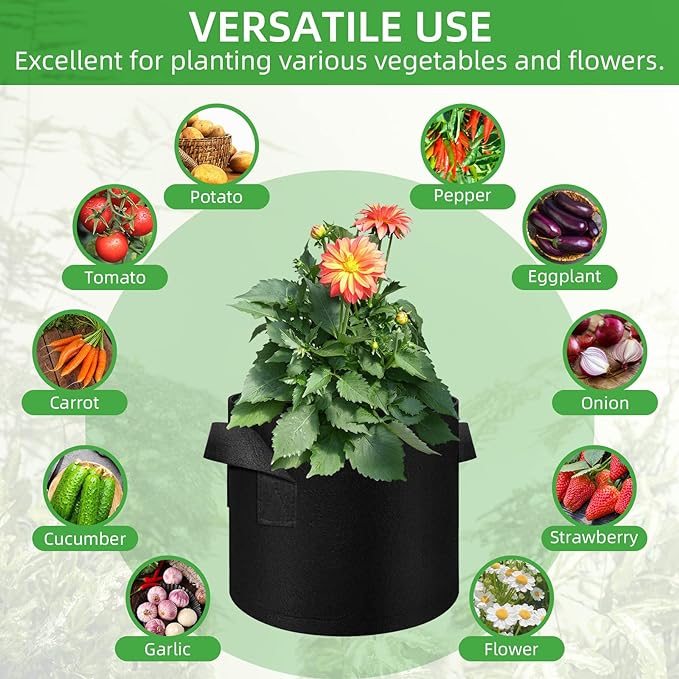 50 Pack 10 Gallon Plant Grow Bags, Breathable Felt Non-Woven Aeration Fabric Plant Grow Pots, Garden Planting Containers for Nursery Vegetable Flower Grow Bags with Handles (15.7x11.8inch)