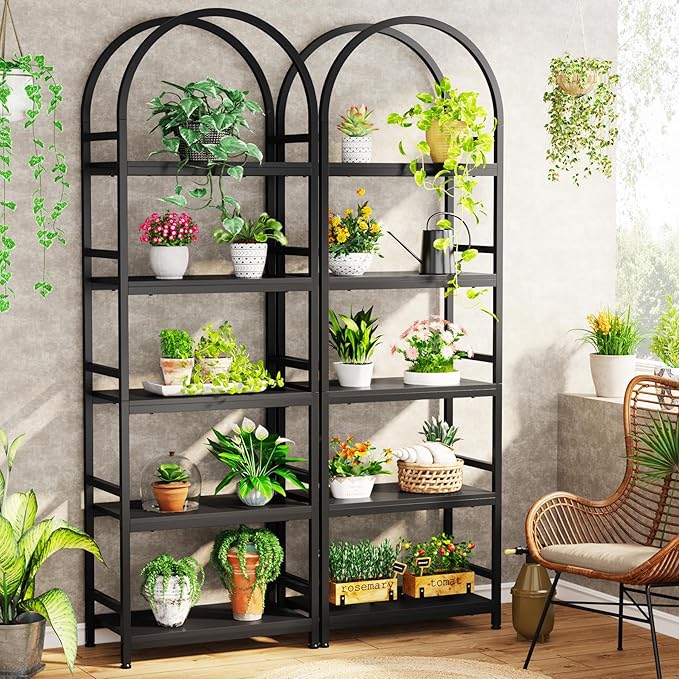 Tribesigns 5-Tier Open Bookshelf Set of 2, 74.4" Wood Bookcase Storage Shelves with Metal Frame, Freestanding Display Rack Tall Shelving Unit for Office, Bedroom, Living Room (Black, 2PCS)