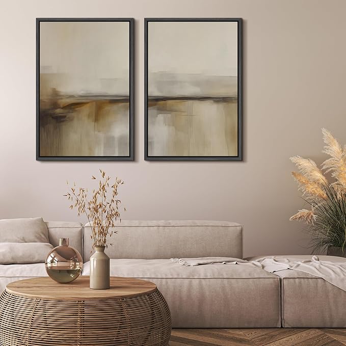 MUDECOR Framed Canvas Print Wall Art Set Abstract Beige and Brown Gradient Neutral Minimalist Landscape Illustrations Modern Art Decorative Calm for Living Room, Bedroom, Office - 16"x24"x2 Black