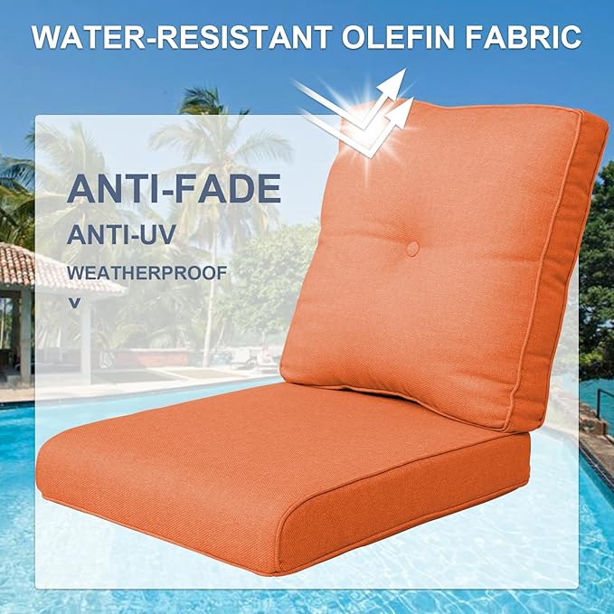 Patio Cushions for Outdoor Furniture - 22×24 Inches High Back and Deep Seating Outdoor Cushion for Patio Chairs Sofa Couch Loveseat Water Resistant(Orange/1 Set/Button)