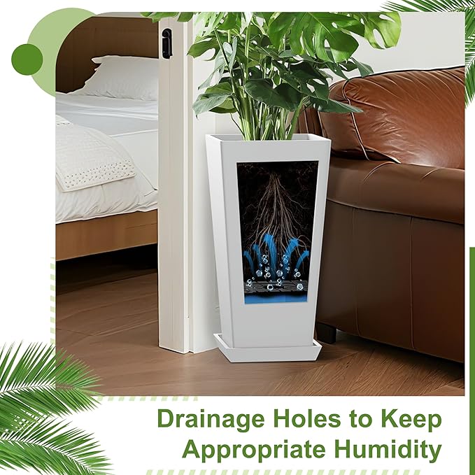 24-Inch Tall Planters Set of 2 for Outdoor and Indoor Use, Tapered Flower Pots with Drainage Tray, Front Porch and Patio Decor, Ideal for Large Plants – White