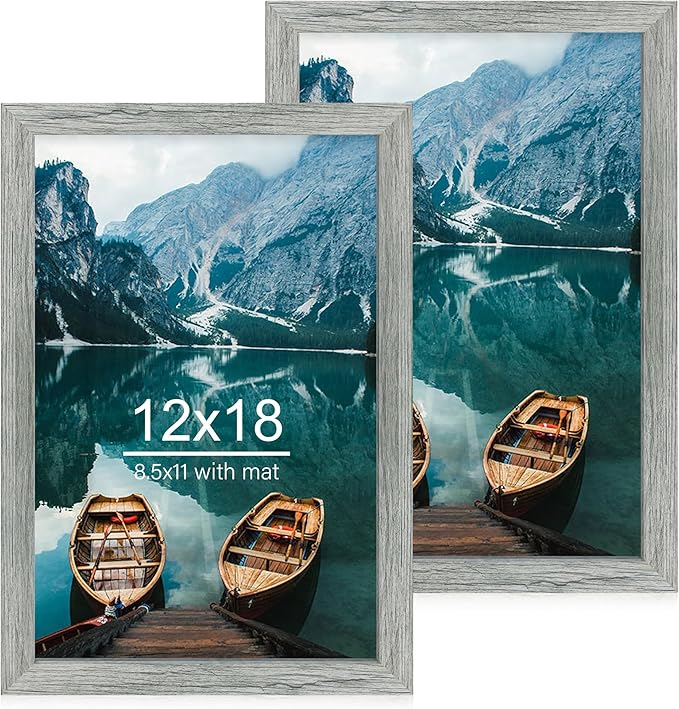 12x18 Frame Set of 2, Rustic Grey Wood Style, Display 12 x 18 Poster without Mat or 8.5x11 Picture with Mat, Wall Mounting Horizontal and Vertical
