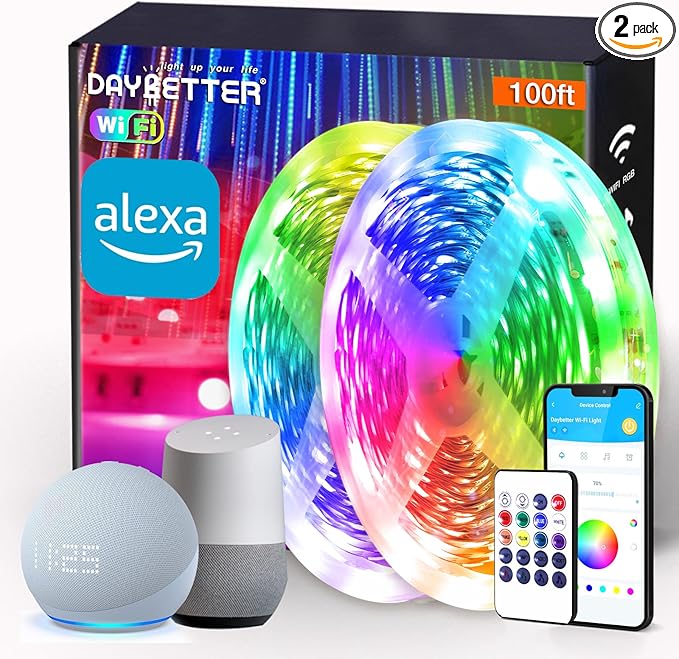 DAYBETTER Smart WiFi Led Lights 100ft - Led Strip Lights Work with Alexa and Google Assistant RGB Strip Lighting Music Sync Color Changing with App Voice Remote Control for Room Bedroom Decor 50ft*2