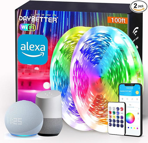 DAYBETTER Smart WiFi Led Lights 100ft - Led Strip Lights Work with Alexa and Google Assistant RGB Strip Lighting Music Sync Color Changing with App Voice Remote Control for Room Bedroom Decor 50ft*2