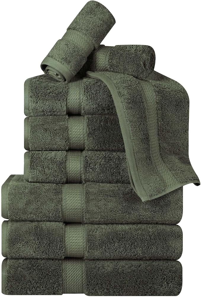 BNM Egyptian Cotton Heavyweight Towels, Ideal For Bathroom, Shower, Spa, Hotel, 800 GSM, Face/ Washcloths, Hand Towels, Bath Towels, Highly-Absorbent, Luxury Basics, 9 Piece Towel Set, Forest Green