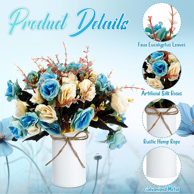 Domensi 12 Sets Wedding Centerpiece for Table Artificial Rose with Vase Fake Bouquets and Metal Pot Floral Arrangements for Holiday Party Event Table Decor (Teal)