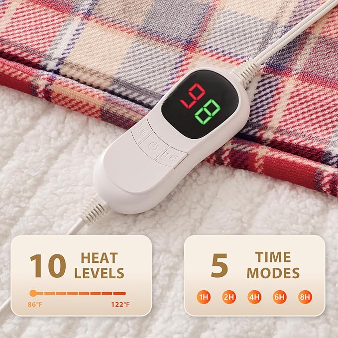 Homemate Electric Blanket Heated Throw - 72x84 Ultra Soft Cozy Flannel Heating Blanket with 10 Fast Heat Levels 8 Hours Auto Off Over-Heated Protection ETL Certification Keep Warm in Home Office