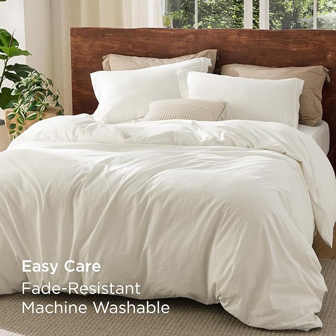 Bedsure 100% Washed Cotton Duvet Cover King Size - Wax Paper Minimalist Duvet Cover Linen Like for All Seasons- GentleSoft™ Plain Simple Cotton Bedding, 3 Pieces (Wax Paper, King, 104"x90")